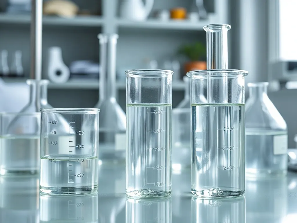 Laboratory glassware with clean water, measuring cylinders,